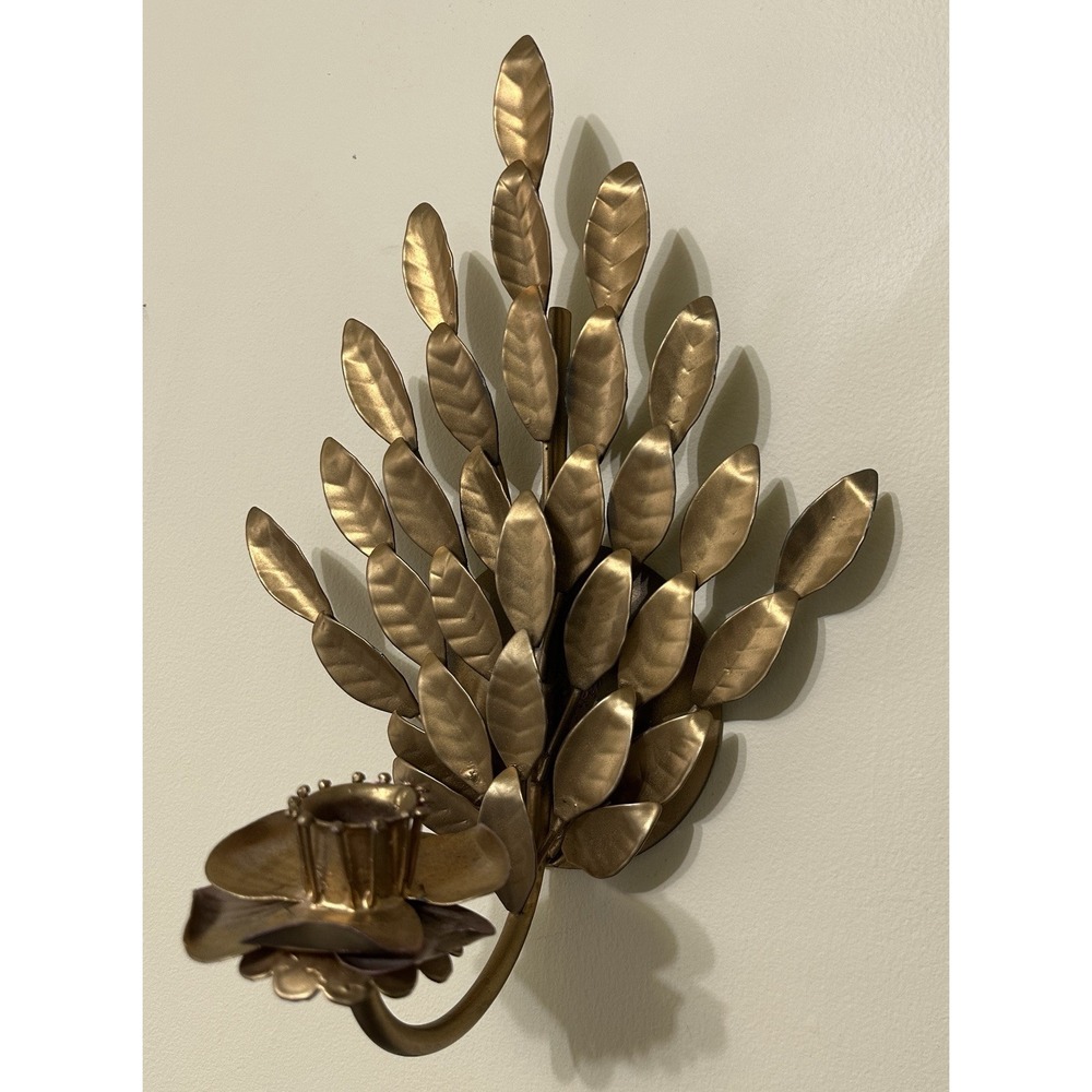 Vtg MCM Gold Tone Metal Wall Candle Holder Flower Leaf Sconce Retro 13" X 9"